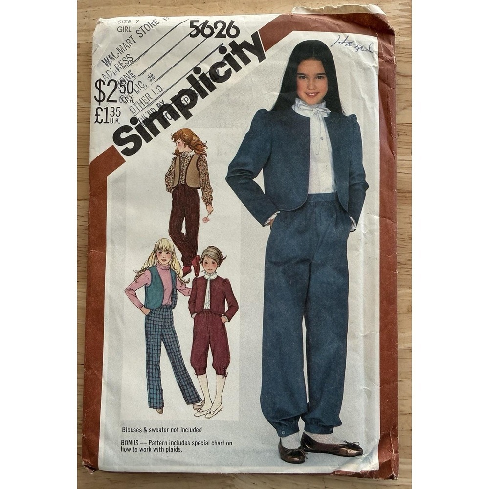 Simplicity Pattern 5626 Girls' Pants Or Banded Pants Knickers Jacket Vest Size 7